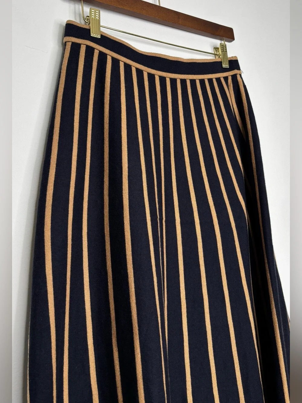 Boden Liz Knitted Midi Skirt Navy Camel Stripe Cotton Wool Size 8